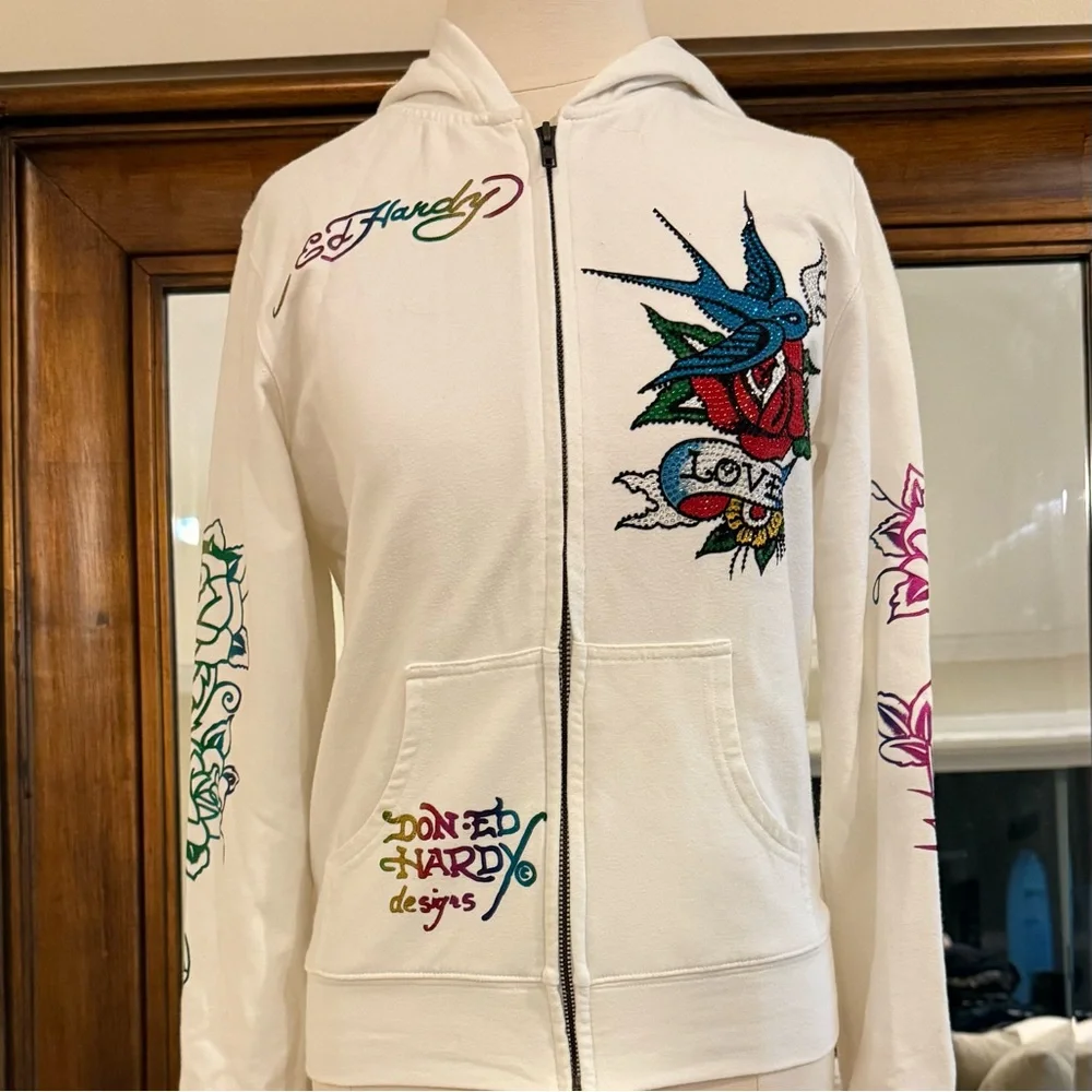 Ed Hardy Love Kills Slowly Heart white Zip-up Hoodie - Picture 2 of 13